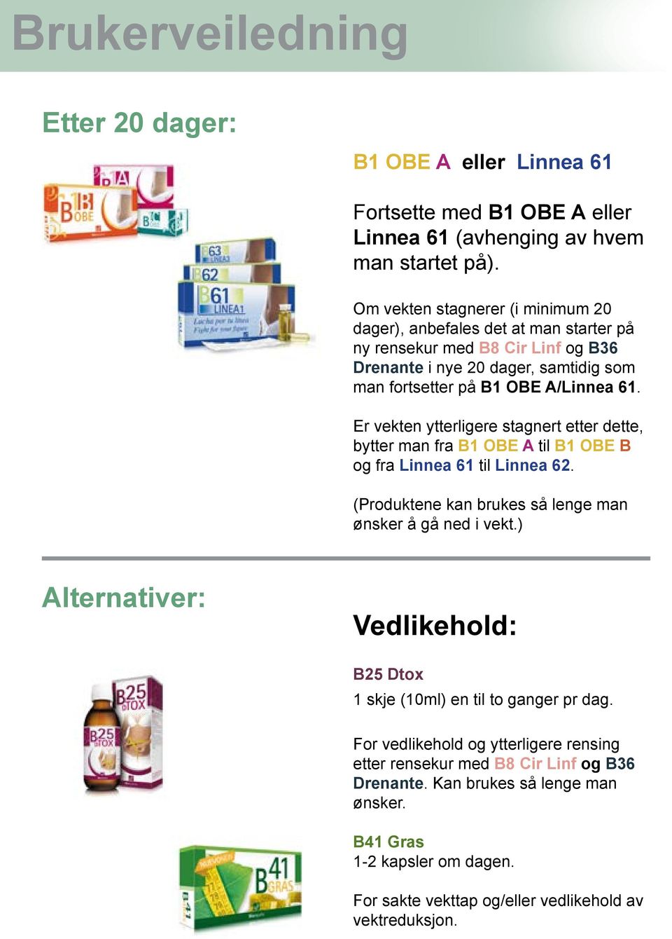 Er vekten ytterligere stagnert etter dette, bytter man fra B1 OBE A til B1 OBE B og fra Linnea 61 til Linnea 62. (Produktene kan brukes så lenge man ønsker å gå ned i vekt.