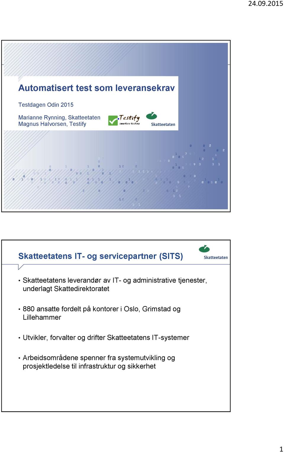 Skattedirektoratet 880 ansatte fordelt på kontorer i Oslo, Grimstad og Lillehammer Utvikler, forvalter og drifter