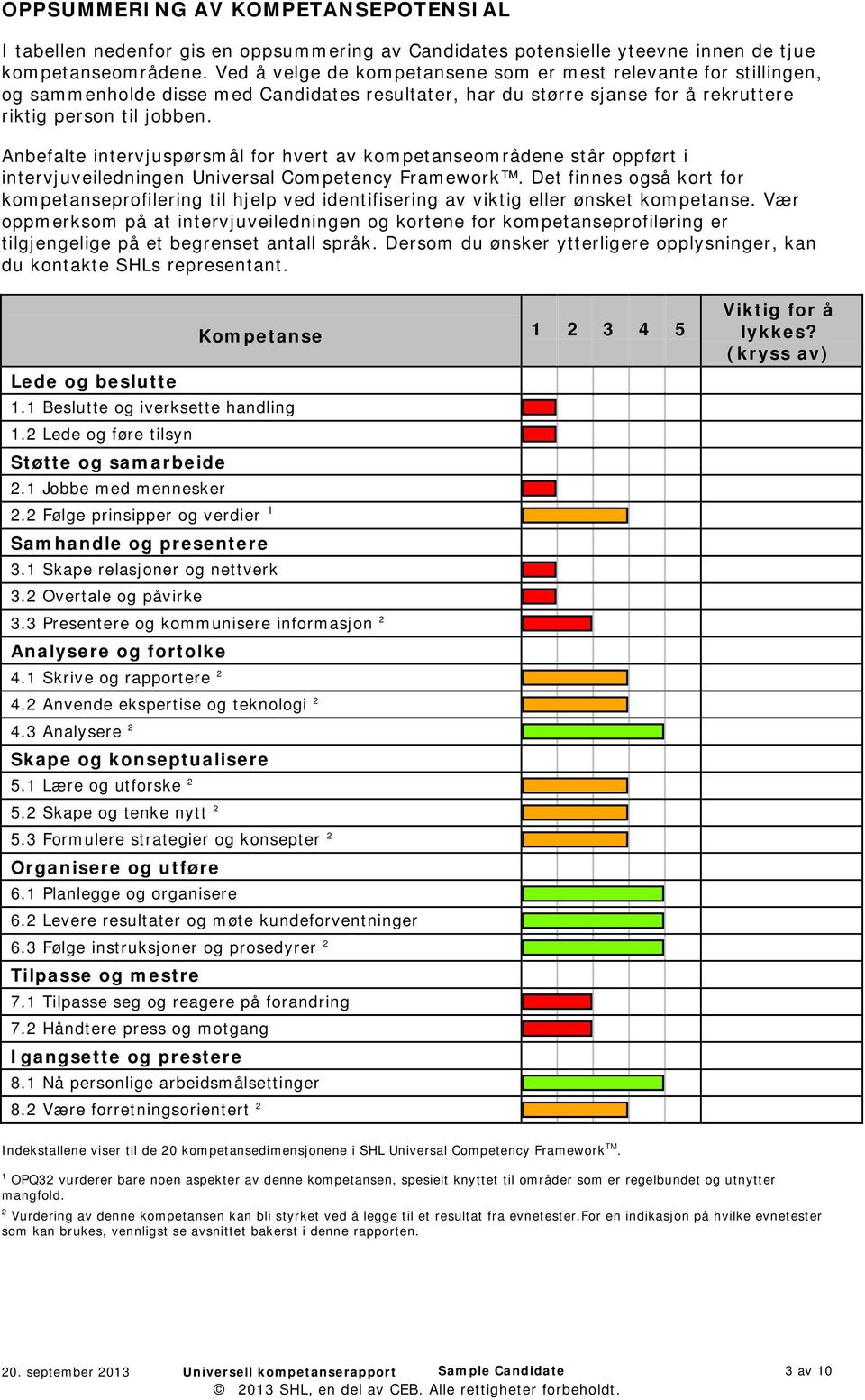 Anbefalte intervjuspørsmål for hvert av kompetanseområdene står oppført i intervjuveiledningen Universal Competency Framework.