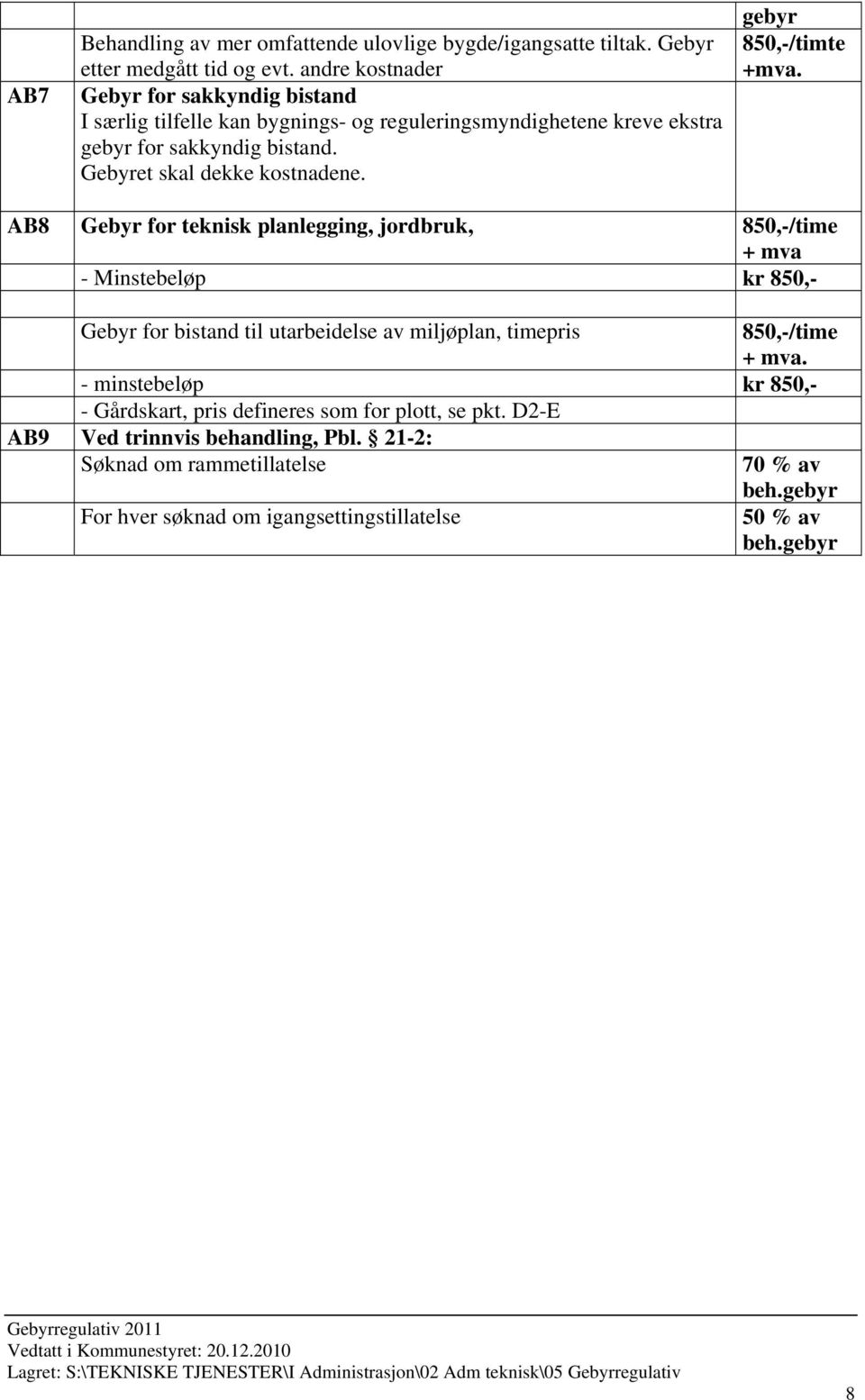 Gebyret skal dekke kostnadene. gebyr 850,-/timte +mva.