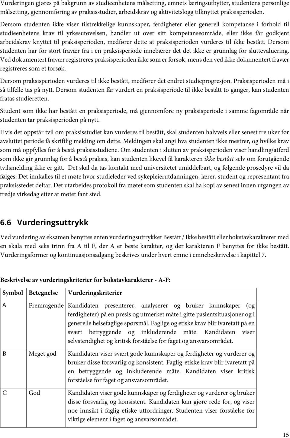 Dersom studenten ikke viser tilstrekkelige kunnskaper, ferdigheter eller generell kompetanse i forhold til studieenhetens krav til yrkesutøvelsen, handler ut over sitt kompetanseområde, eller ikke