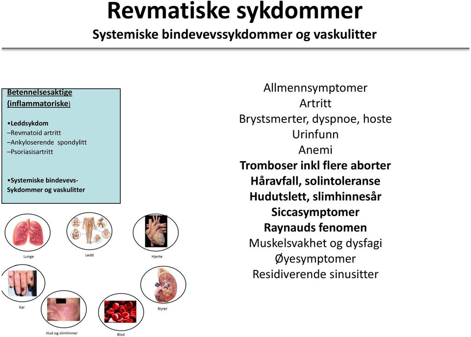 Allmennsymptomer Artritt Brystsmerter, dyspnoe, hoste Urinfunn Anemi Tromboser inkl flere aborter Håravfall,