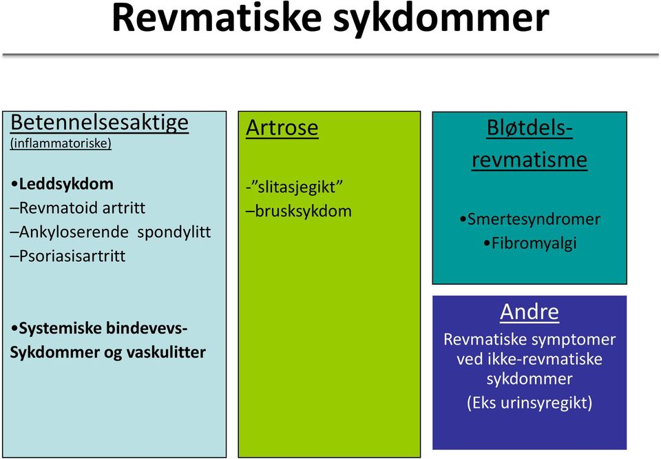 brusksykdom Bløtdelsrevmatisme Smertesyndromer Fibromyalgi Systemiske bindevevs-