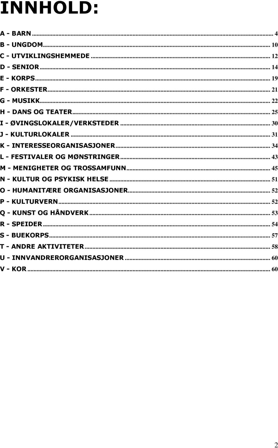 .. 34 L - FESTIVALER OG MØNSTRINGER... 43 M - MENIGHETER OG TROSSAMFUNN... 45 N - KULTUR OG PSYKISK HELSE... 51 O - HUMANITÆRE ORGANISASJONER.