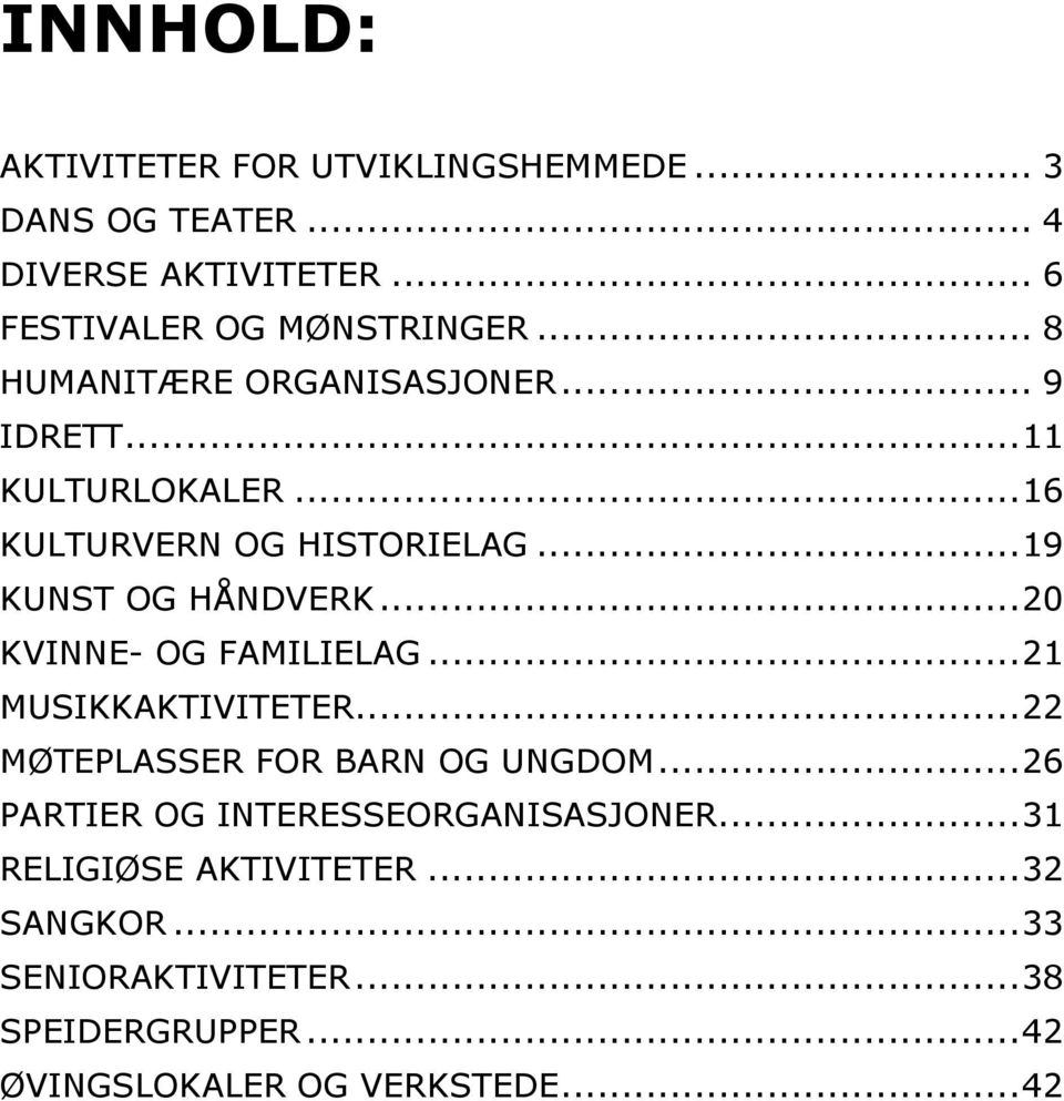 ..20 KVINNE- OG FAMILIELAG...21 MUSIKKAKTIVITETER...22 MØTEPLASSER FOR BARN OG UNGDOM.