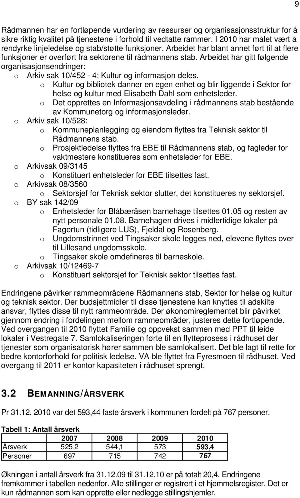 Arbeidet har gitt følgende organisasjonsendringer: o Arkiv sak 10/452-4: Kultur og informasjon deles.