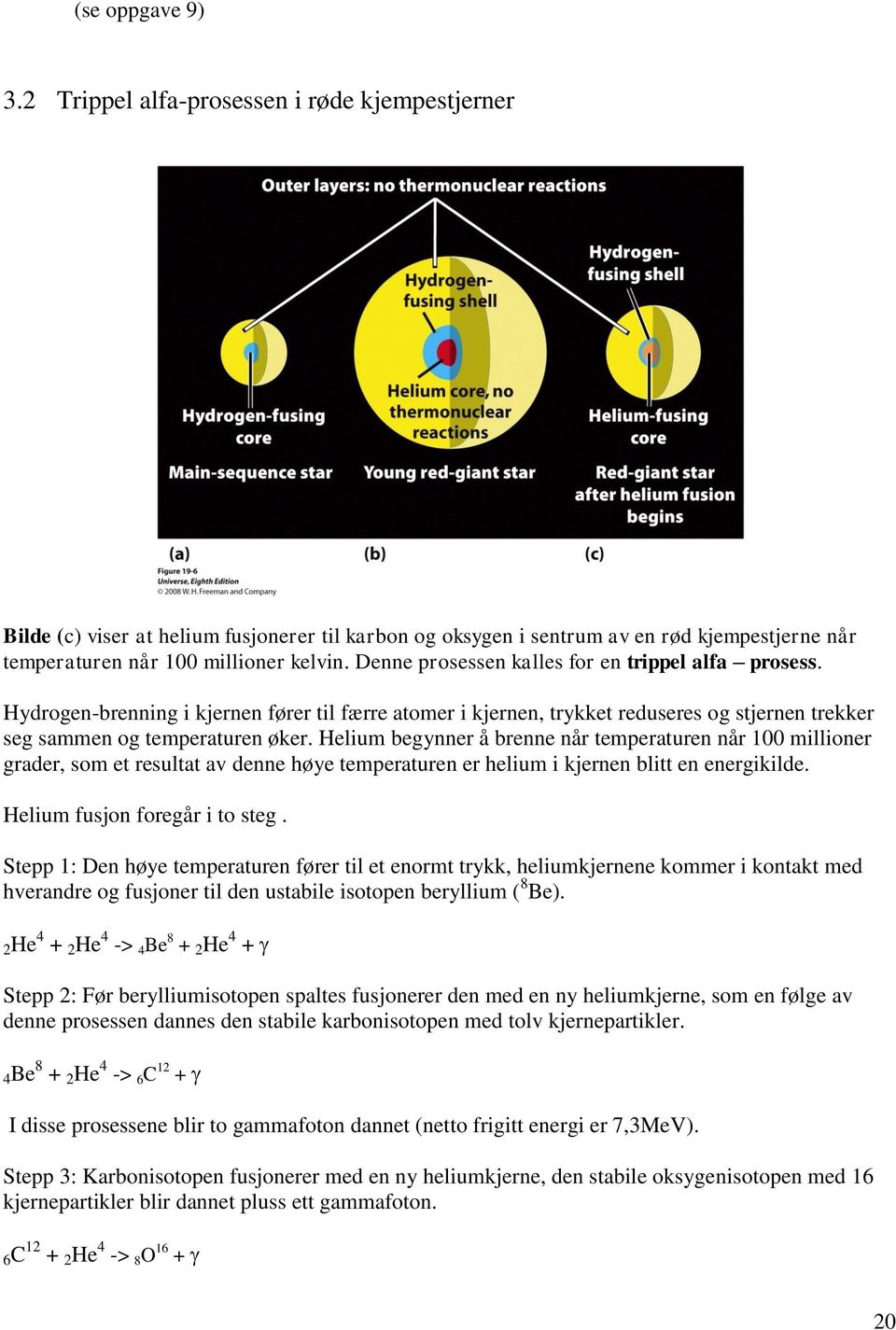 Helium begynner å brenne når temperaturen når 100 millioner grader, som et resultat av denne høye temperaturen er helium i kjernen blitt en energikilde. Helium fusjon foregår i to steg.