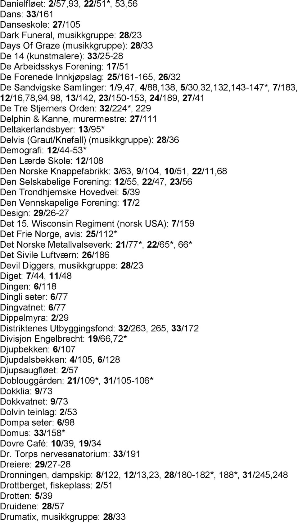 229 Delphin & Kanne, murermestre: 27/111 Deltakerlandsbyer: 13/95* Delvis (Graut/Knefall) (musikkgruppe): 28/36 Demografi: 12/44-53* Den Lærde Skole: 12/108 Den Norske Knappefabrikk: 3/63, 9/104,