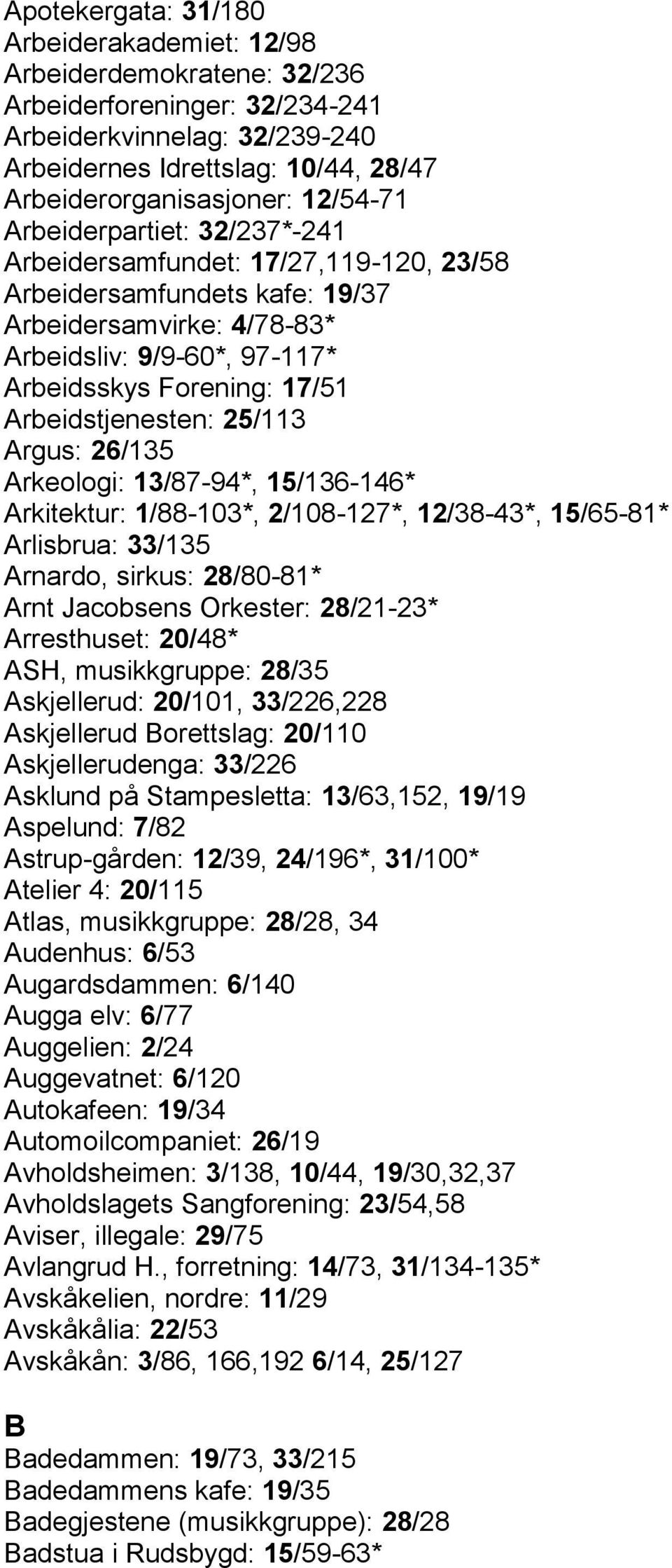 Arbeidstjenesten: 25/113 Argus: 26/135 Arkeologi: 13/87-94*, 15/136-146* Arkitektur: 1/88-103*, 2/108-127*, 12/38-43*, 15/65-81* Arlisbrua: 33/135 Arnardo, sirkus: 28/80-81* Arnt Jacobsens Orkester: