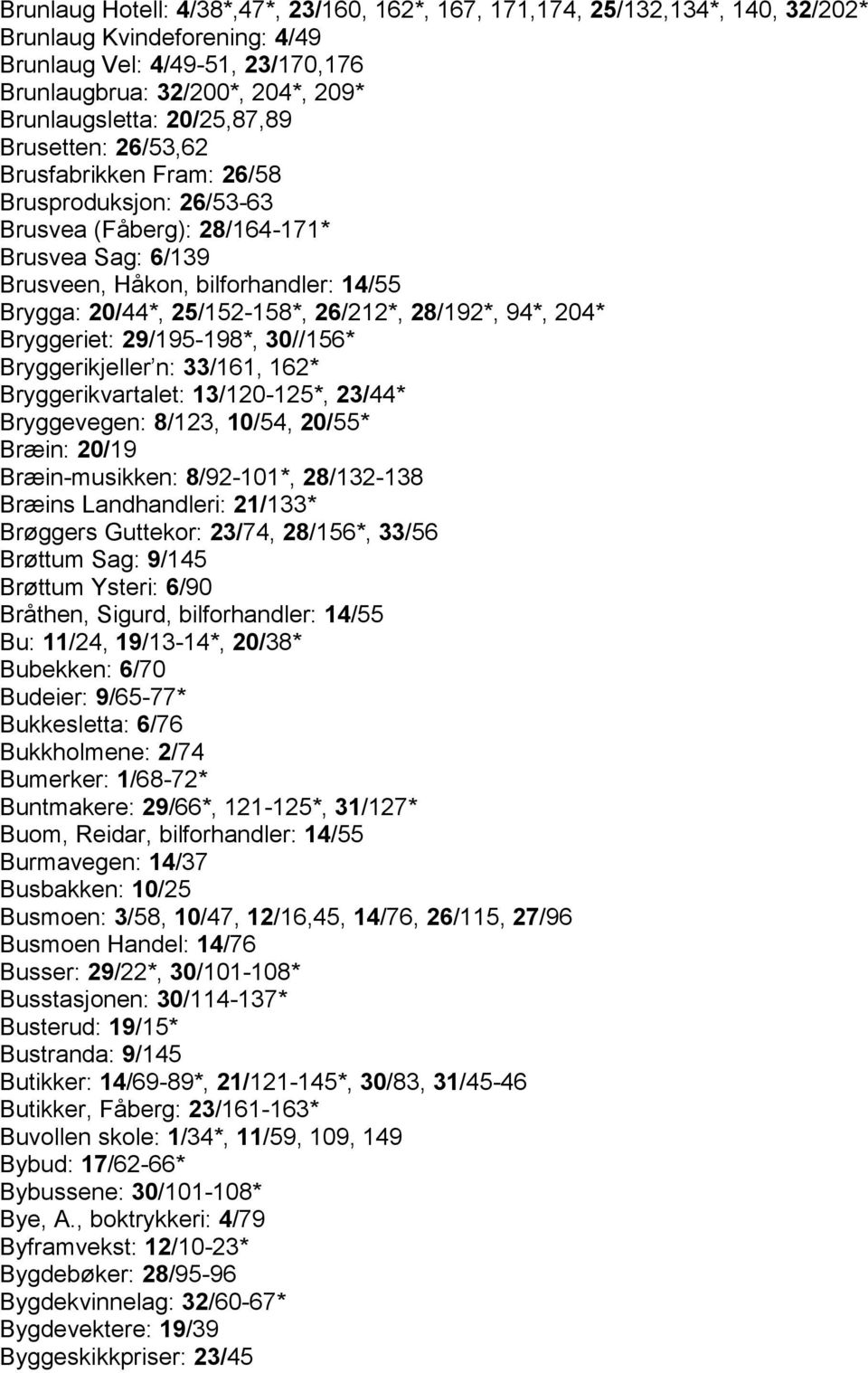 26/212*, 28/192*, 94*, 204* Bryggeriet: 29/195-198*, 30//156* Bryggerikjeller n: 33/161, 162* Bryggerikvartalet: 13/120-125*, 23/44* Bryggevegen: 8/123, 10/54, 20/55* Bræin: 20/19 Bræin-musikken: