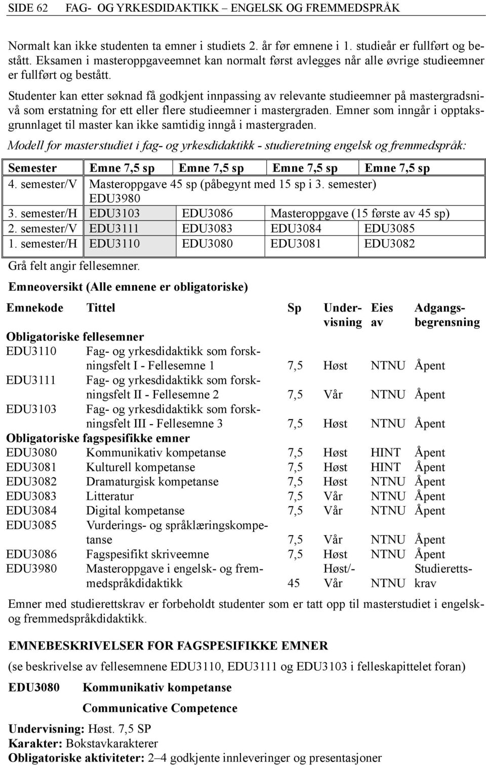 Studenter kan etter søknad få godkjent innpassing av relevante studieemner på mastergradsnivå som erstatning for ett eller flere studieemner i mastergraden.