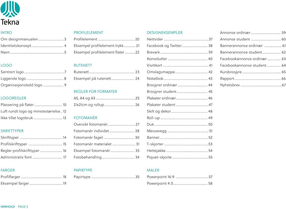 .. 63 LOGO RUTENETT Visittkort... 41 Facebookannonse student... 64 Sentrert logo...7 Rutenett... 23 Omslagsmappe... 42 Kursbrosjyre... 65 Liggende logo... 8 Eksempel på rutenett... 24 Notatbok.