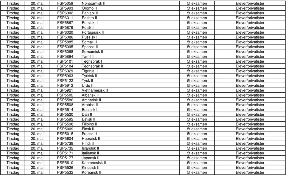 mai FSP5885 Somali II 5t eksamen Tirsdag 20. mai FSP5095 Spansk II 5t eksamen Tirsdag 20. mai FSP5068 Sørsamisk II 5t eksamen Tirsdag 20. mai FSP5894 Tamil II 5t eksamen Tirsdag 20.