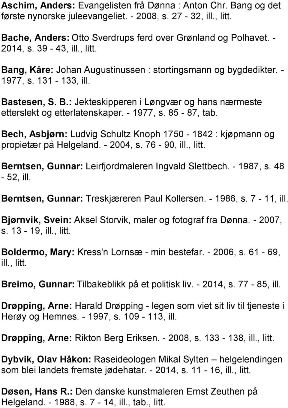 - 1977, s. 85-87, tab. Bech, Asbjørn: Ludvig Schultz Knoph 1750-1842 : kjøpmann og propietær på Helgeland. - 2004, s. 76-90, ill., litt. Berntsen, Gunnar: Leirfjordmaleren Ingvald Slettbech.