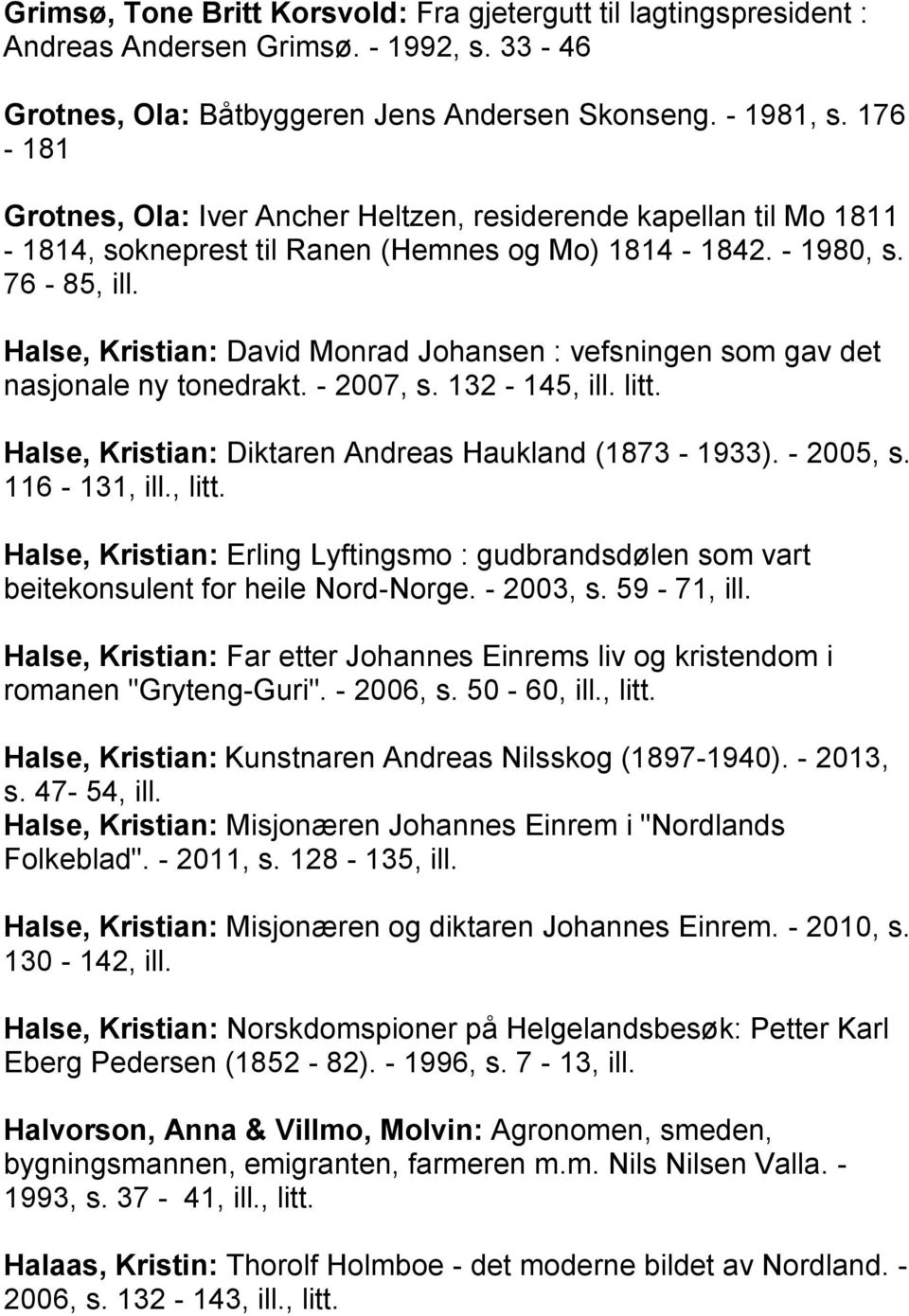 Halse, Kristian: David Monrad Johansen : vefsningen som gav det nasjonale ny tonedrakt. - 2007, s. 132-145, ill. litt. Halse, Kristian: Diktaren Andreas Haukland (1873-1933). - 2005, s. 116-131, ill.