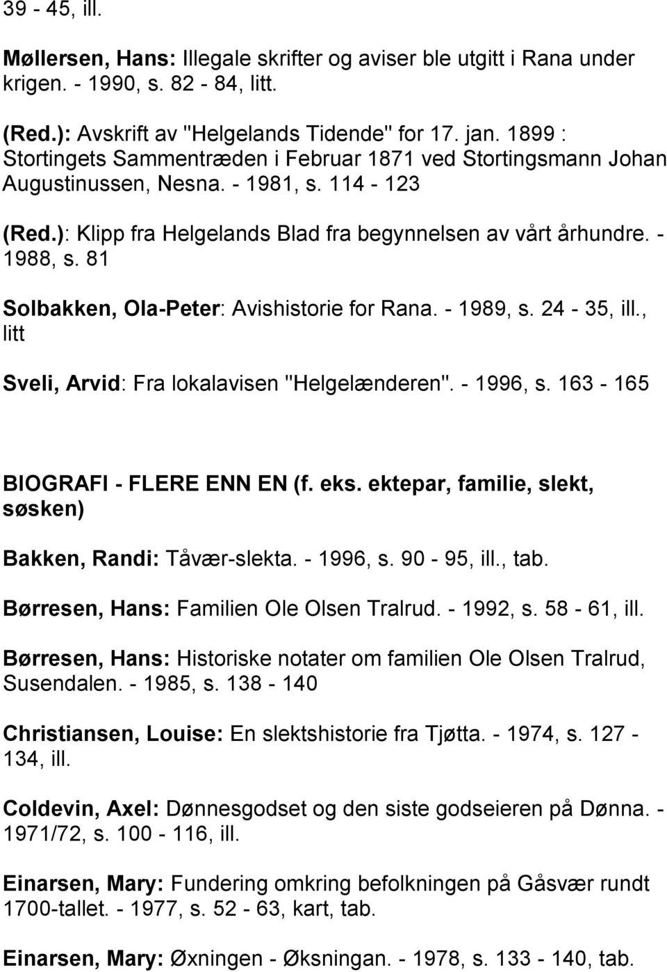 81 Solbakken, Ola-Peter: Avishistorie for Rana. - 1989, s. 24-35, ill., litt Sveli, Arvid: Fra lokalavisen "Helgelænderen". - 1996, s. 163-165 BIOGRAFI - FLERE ENN EN (f. eks.