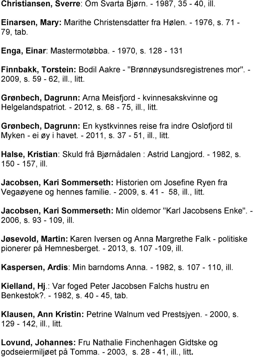 , litt. Grønbech, Dagrunn: En kystkvinnes reise fra indre Oslofjord til Myken - ei øy i havet. - 2011, s. 37-51, ill., litt. Halse, Kristian: Skuld frå Bjørnådalen : Astrid Langjord. - 1982, s.