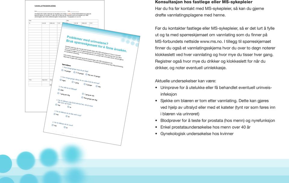 Konsultasjon hos fastlege eller MS-sykepleier Har du fra før kontakt med MS-sykepleier, så kan du gjerne drøfte vannlatingsplagene med henne. Dato: Dato: Kl. Urin (dl) Drikke (dl) T/V/H Kl.