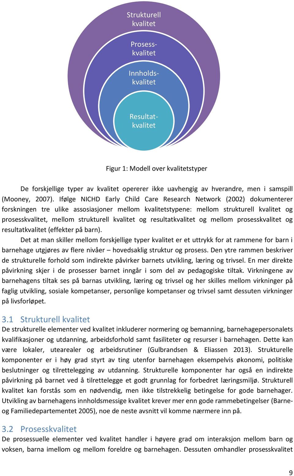 Ifølge NICHD Early Child Care Research Network (2002) dokumenterer forskningen tre ulike assosiasjoner mellom kvalitetstypene: mellom strukturell kvalitet og prosesskvalitet, mellom strukturell