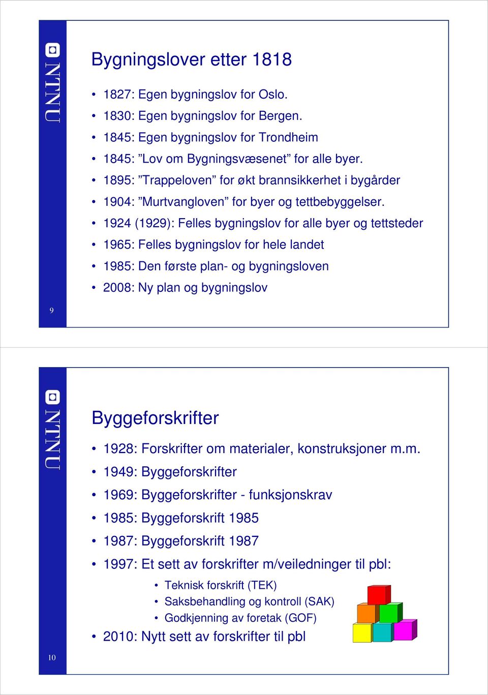 1924 (1929): Felles bygningslov for alle byer og tettsteder 1965: Felles bygningslov for hele landet 1985: Den første plan- og bygningsloven 2008: Ny plan og bygningslov 9 Byggeforskrifter 1928: