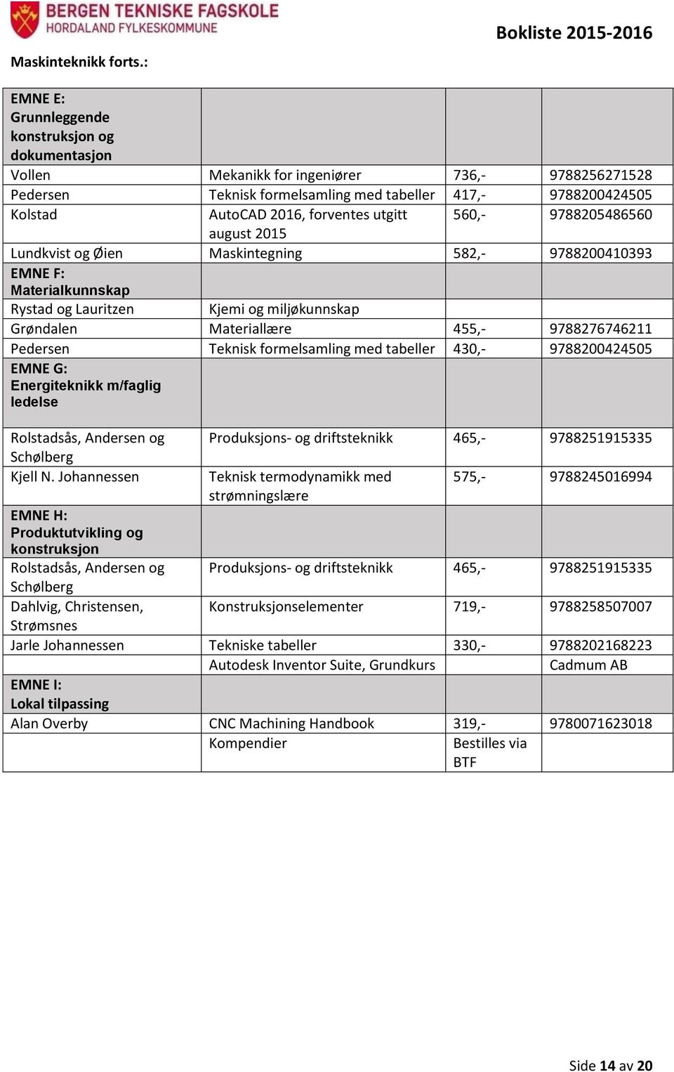 AutoCAD 2016, forventes utgitt 560,- 9788205486560 august 2015 Lundkvist og Øien Maskintegning 582,- 9788200410393 EMNE F: Materialkunnskap Rystad og Lauritzen Kjemi og miljøkunnskap Grøndalen