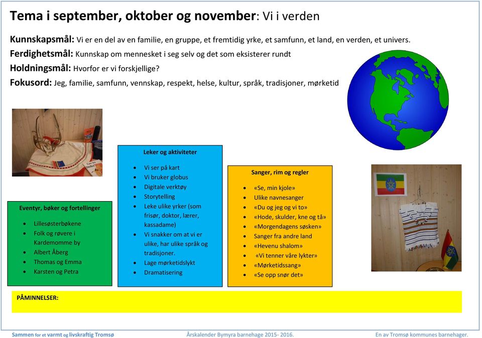 Fokusord: Jeg, familie, samfunn, vennskap, respekt, helse, kultur, språk, tradisjoner, mørketid Leker og aktiviteter Vi ser på kart Vi bruker globus Sanger, rim og regler Eventyr, bøker og