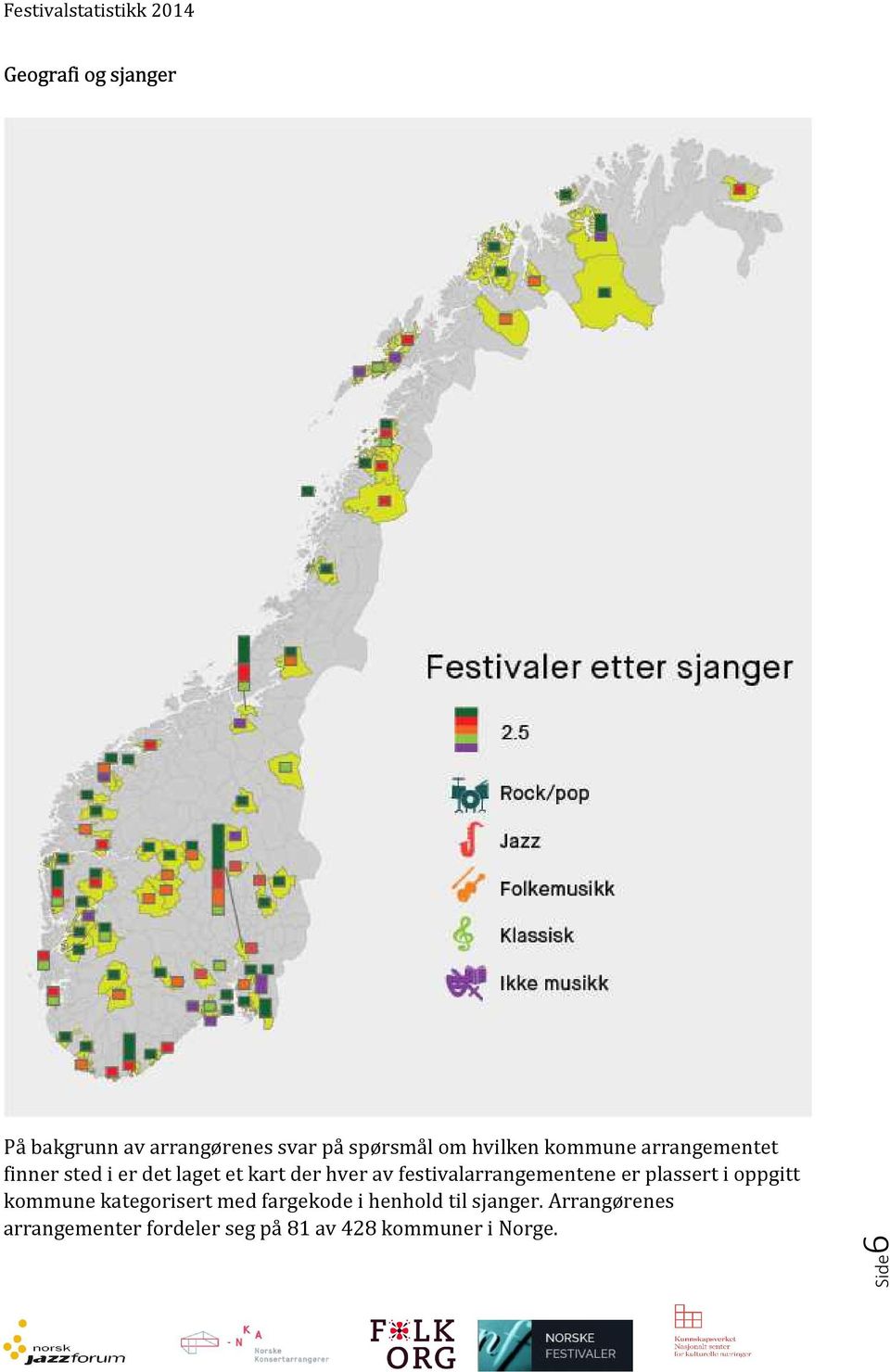 festivalarrangementene er plassert i oppgitt kommune kategorisert med fargekode