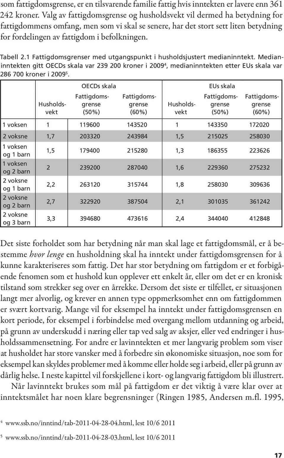 Tabell 2.1 Fattigdomsgrenser med utgangspunkt i husholdsjustert medianinntekt.