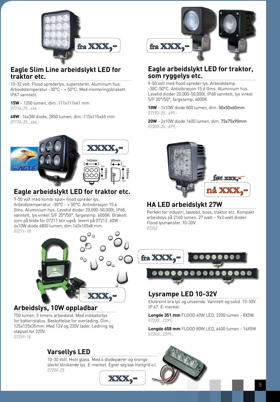 Antivibrasjon 15.6 Gms. Aluminium hus. Levetid dioder 20,000-50,000t, IP68 vanntett, lys vinkel S/F 20 /50, fargetemp. 6000K 10W - 1x10W diode 800 lumen, dim. 50x50x60mm 07193-25.