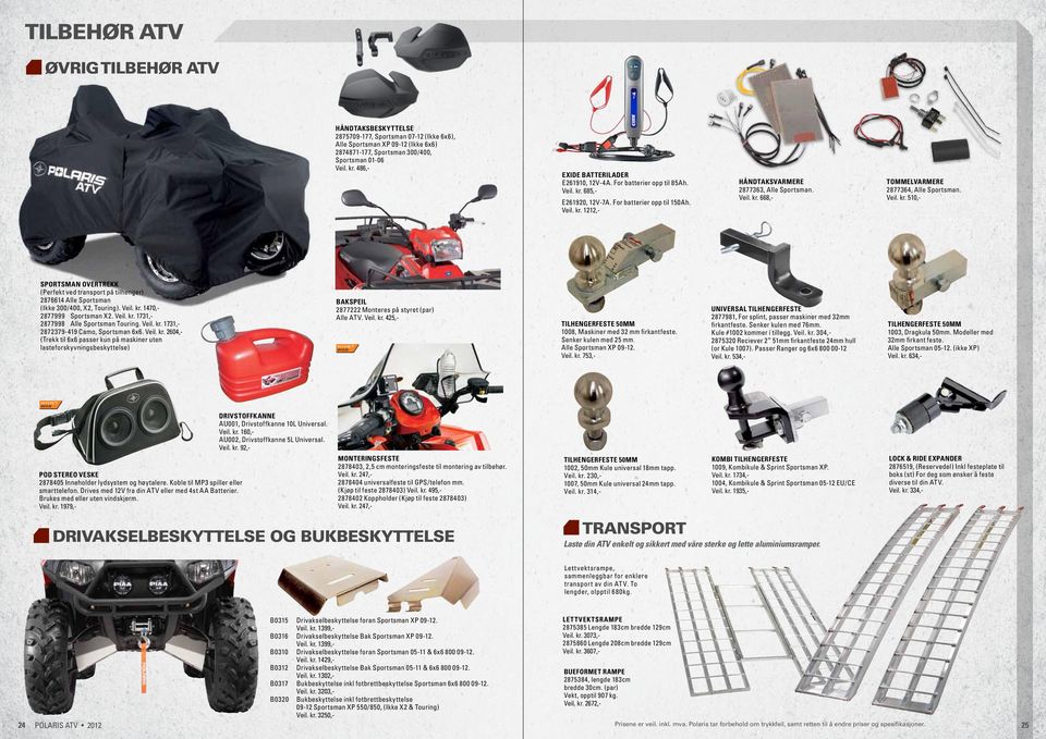 Veil. kr. 510,- Sportsman overtrekk (Perfekt ved transport på tilhenger) 2876614 Alle Sportsman (Ikke 300/400, X2, Touring). Veil. kr. 1470,- 2877999 Sportsman X2. Veil. kr. 1731,- 2877998 Alle Sportsman Touring.
