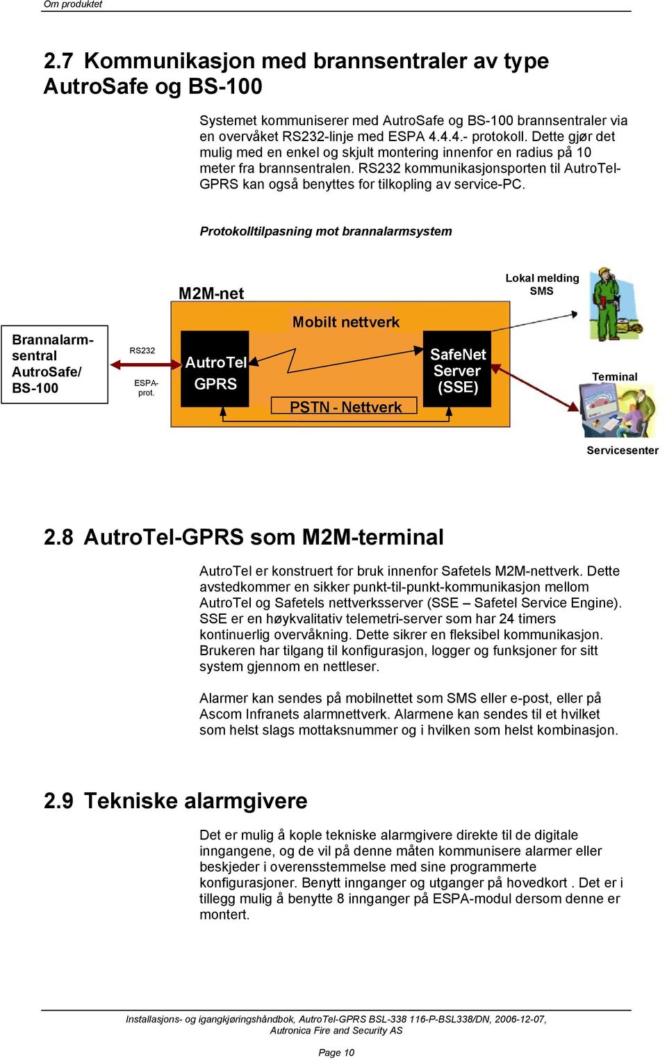 Protokolltilpasning mot brannalarmsystem M2M - net Lokal melding SMS Brannalarmsentral AutroSafe/ BS-100 RS232 ESPA - prot.