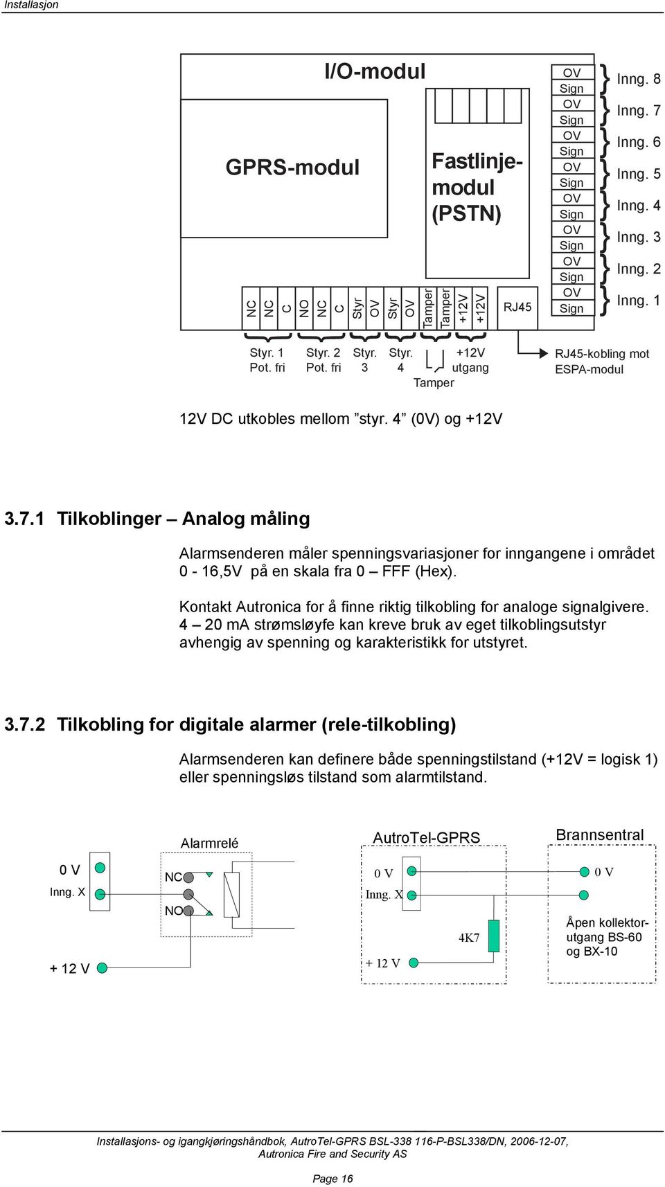 4 (0V) og +12V 3.7.1 Tilkoblinger Analog måling Alarmsenderen måler spenningsvariasjoner for inngangene i området 0-16,5V på en skala fra 0 FFF (Hex).