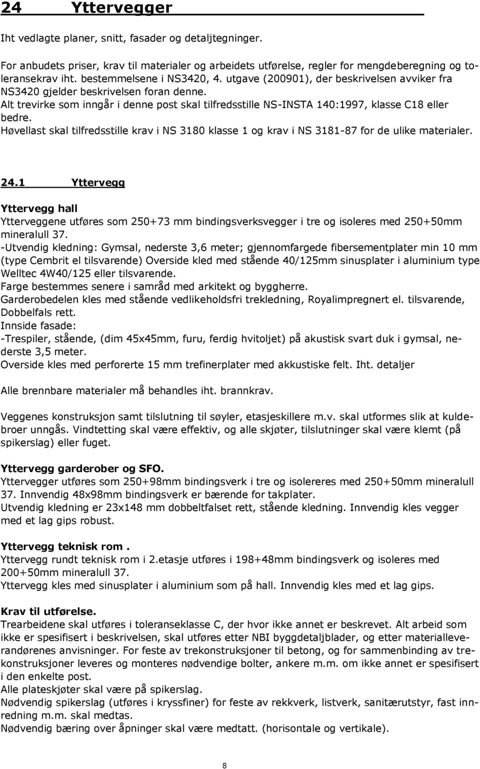 Alt trevirke som inngår i denne post skal tilfredsstille NS-INSTA 140:1997, klasse C18 eller bedre. Høvellast skal tilfredsstille krav i NS 3180 klasse 1 og krav i NS 3181-87 for de ulike materialer.