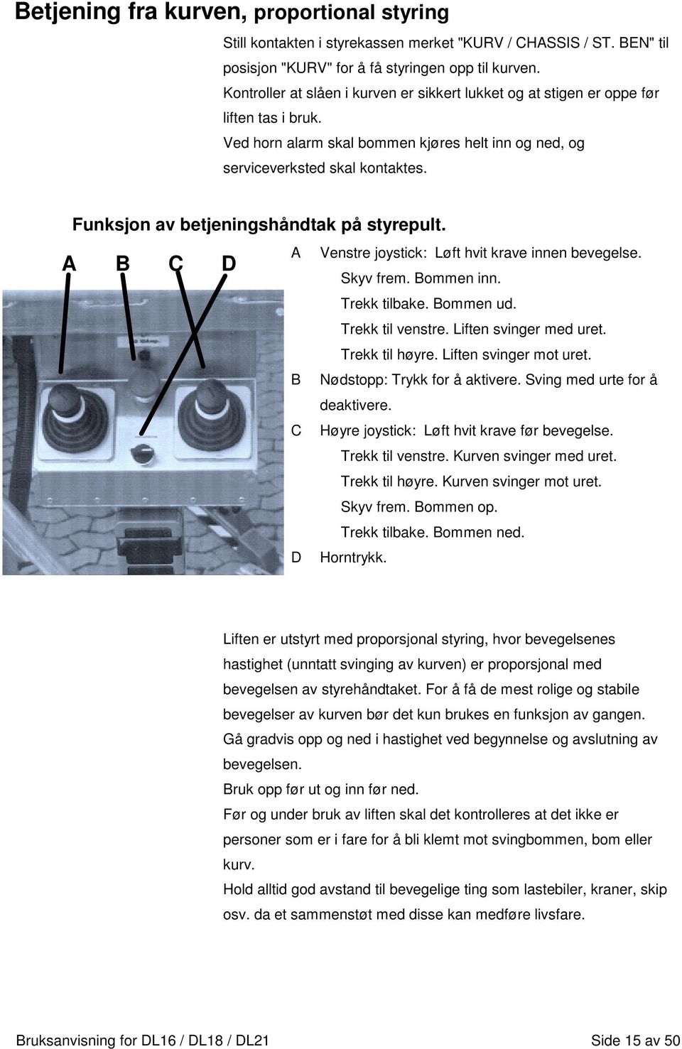 Funksjon av betjeningshåndtak på styrepult. A B C D A Venstre joystick: Løft hvit krave innen bevegelse. Skyv frem. Bommen inn. Trekk tilbake. Bommen ud. Trekk til venstre. Liften svinger med uret.