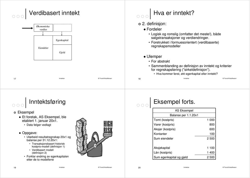 Hva kommer først, økt egenkapital eller inntekt? 17 18 Inntektsføring Eksempel forts. Eksempel Et foretak, AS Eksempel, ble etablert 1. januar 21.