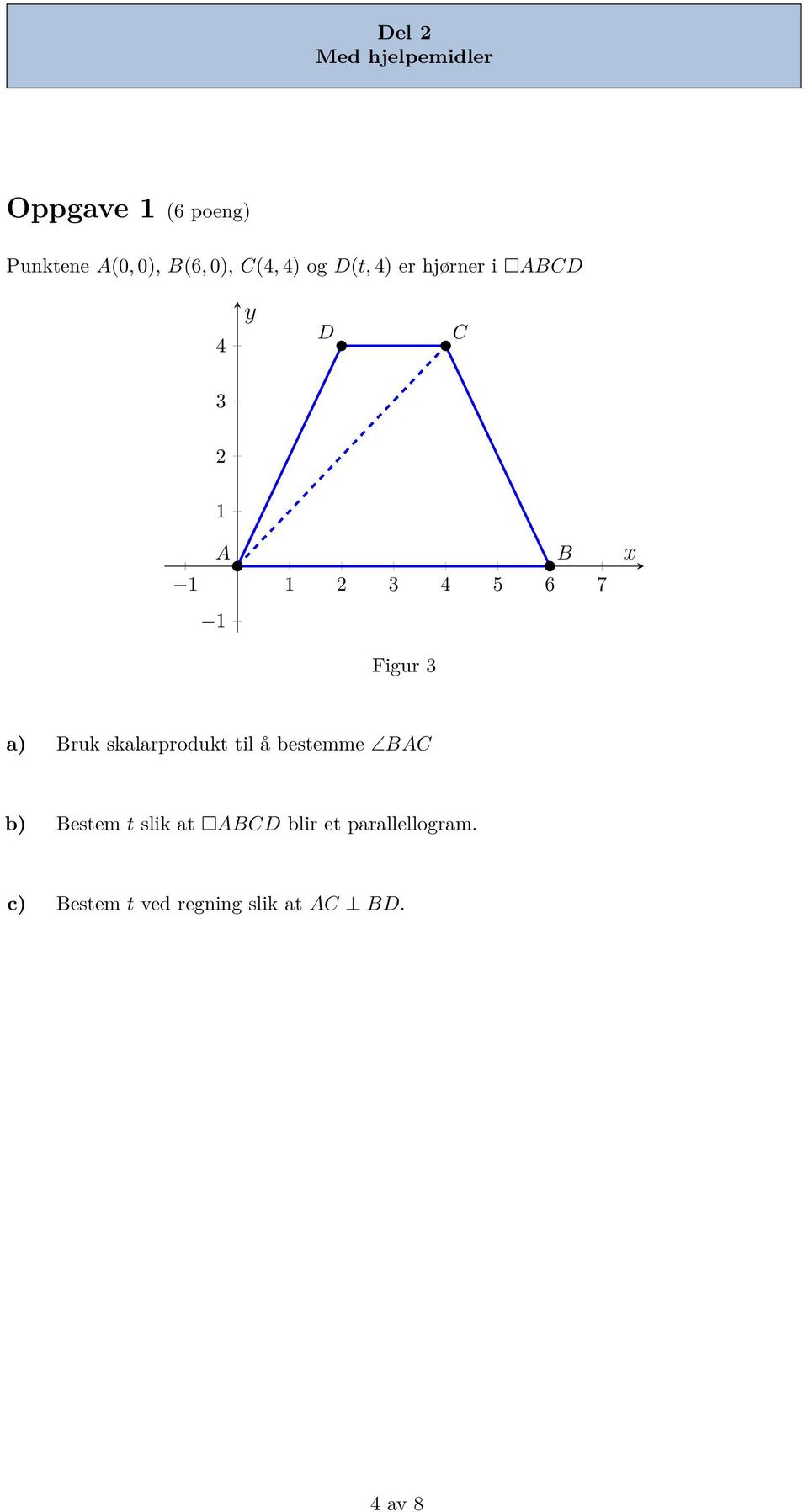 1 x Figur 3 a) Bruk skalarprodukt til å bestemme BAC b) Bestem t slik