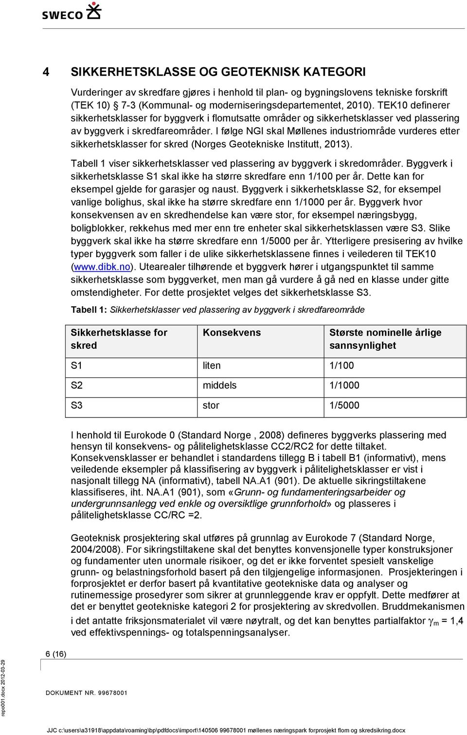 I følge NGI skal Møllenes industriområde vurderes etter sikkerhetsklasser for skred (Norges Geotekniske Institutt, 2013). Tabell 1 viser sikkerhetsklasser ved plassering av byggverk i skredområder.