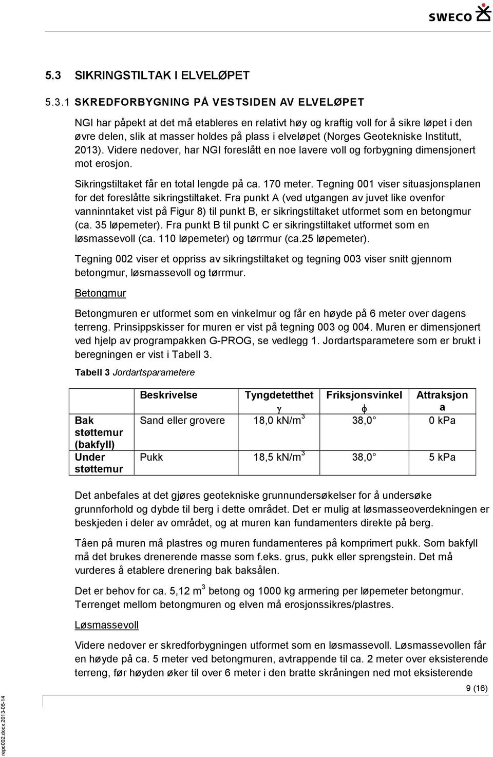 Sikringstiltaket får en total lengde på ca. 170 meter. Tegning 001 viser situasjonsplanen for det foreslåtte sikringstiltaket.