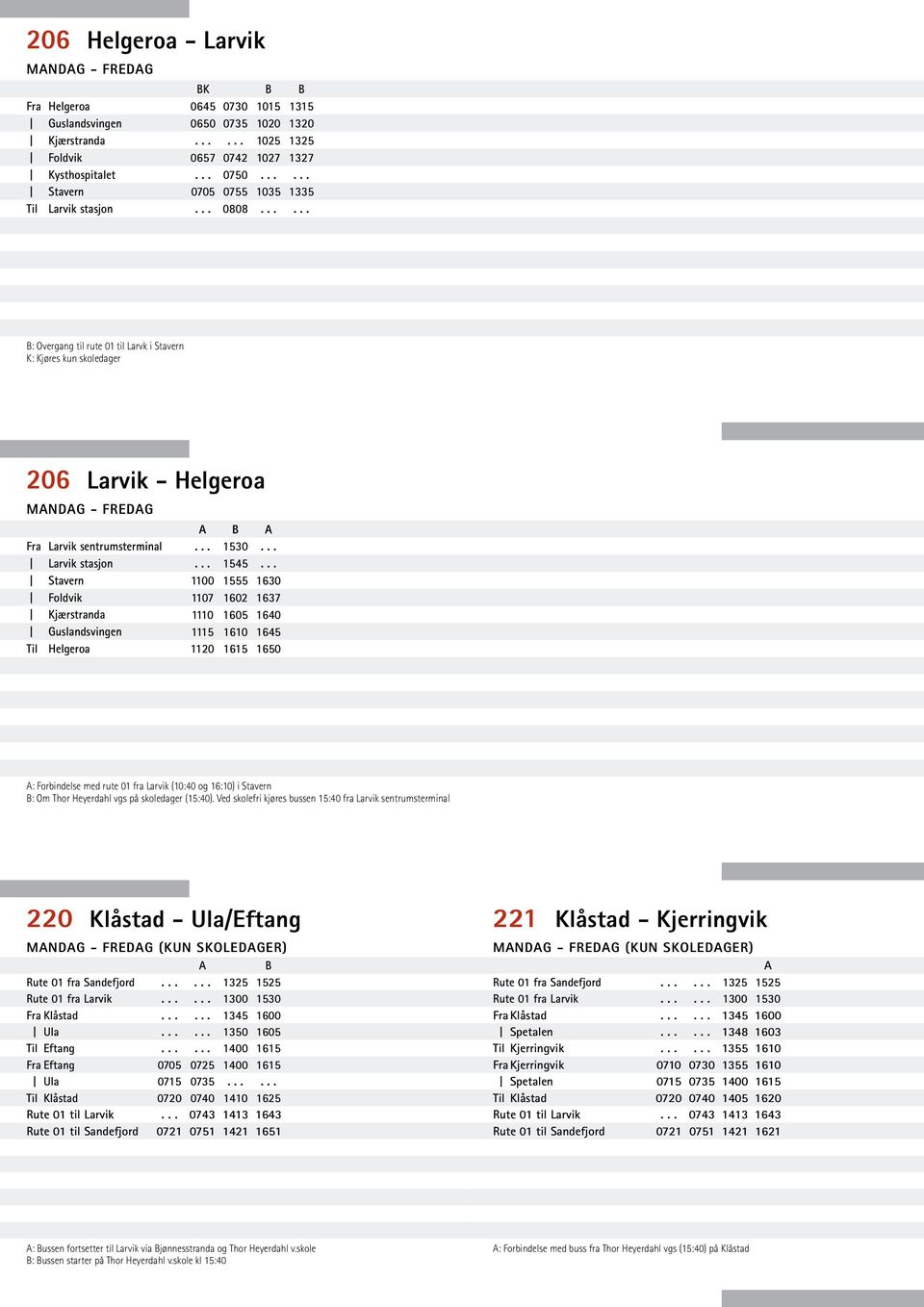 ..... B: Overgang til rute 01 til Larvk i Stavern K: Kjøres kun skoledager 206 Larvik - Helgeroa Fra Larvik sentrumsterminal Foldvik stranda Guslandsvingen Til Helgeroa A B A... 1530...... 1545.