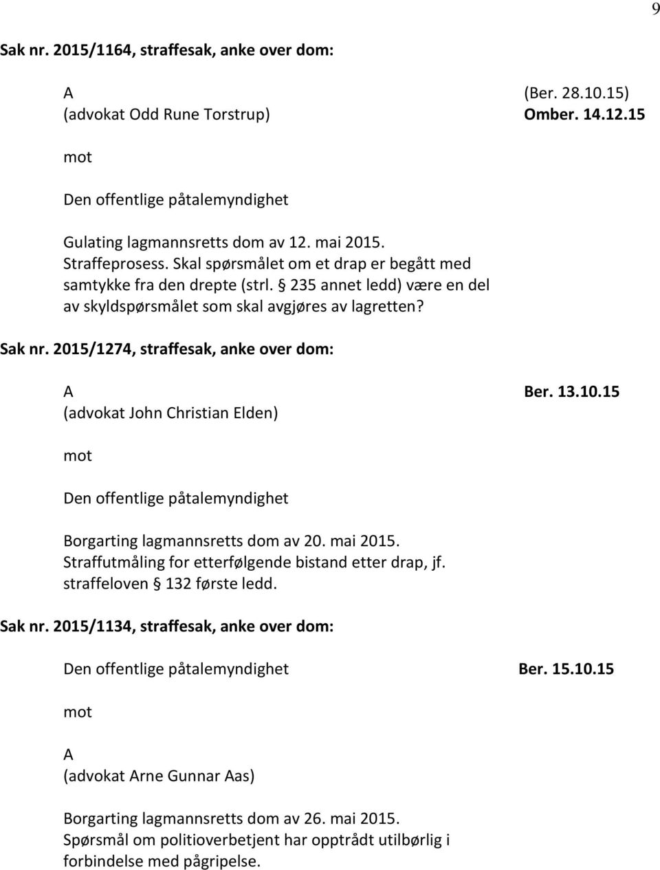 2015/1274, straffesak, anke over dom: (advokat John Christian Elden) Ber. 13.10.15 Borgarting lagmannsretts dom av 20. mai 2015. Straffutmåling for etterfølgende bistand etter drap, jf.