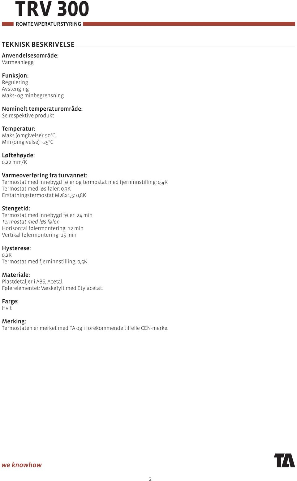 Erstatningstermostat M28x1,5: 0,8K Stengetid: Termostat med innebygd føler: 24 min Termostat med løs føler: Horisontal følermontering: 12 min Vertikal følermontering: 15 min Hysterese: 0,2K