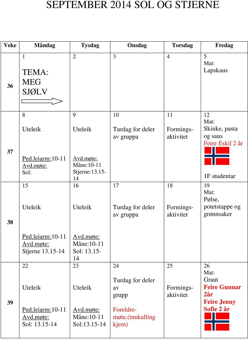 15-14 16 10 Turdag for deler av gruppa 17 Turdag for deler av gruppa 11 18 12 Skinke, pasta og saus Feire Eskil 2 år 1F