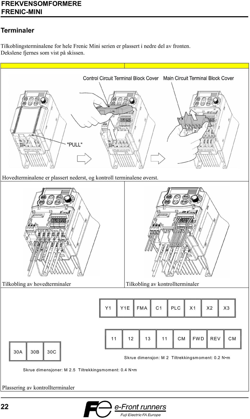 Tilkobling av hovedterminaler Tilkobling av kontrollterminaler Y1 Y1E FMA C1 PLC X1 X2 X3 11 12 13 11 CM FW D REV CM