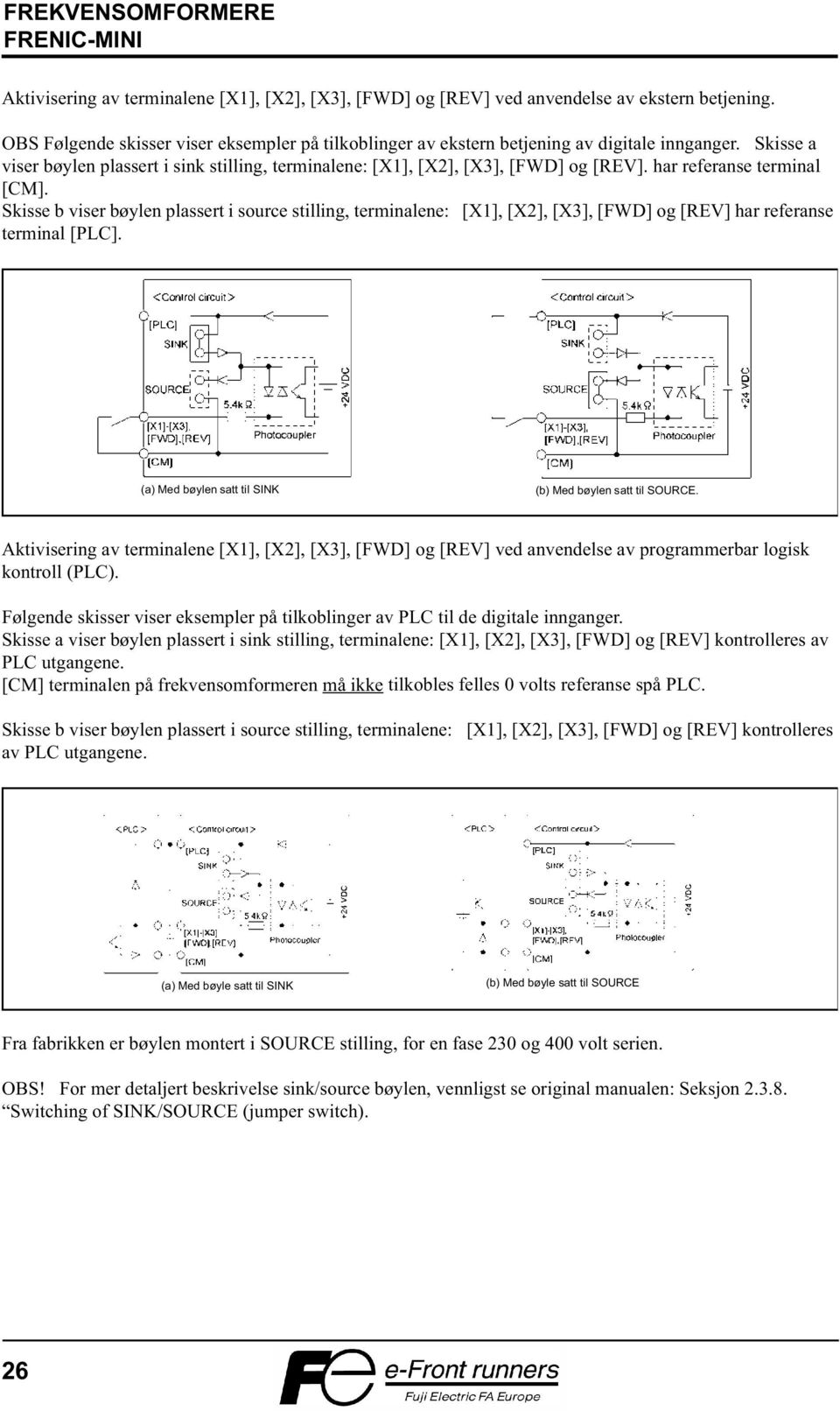 Skisse b viser bøylen plassert i source stilling, terminalene: [X1], [X2], [X3], [FWD] og [REV] har referanse terminal [PLC]. (a) Med bøylen satt til SINK (b) Med bøylen satt til SOURCE.