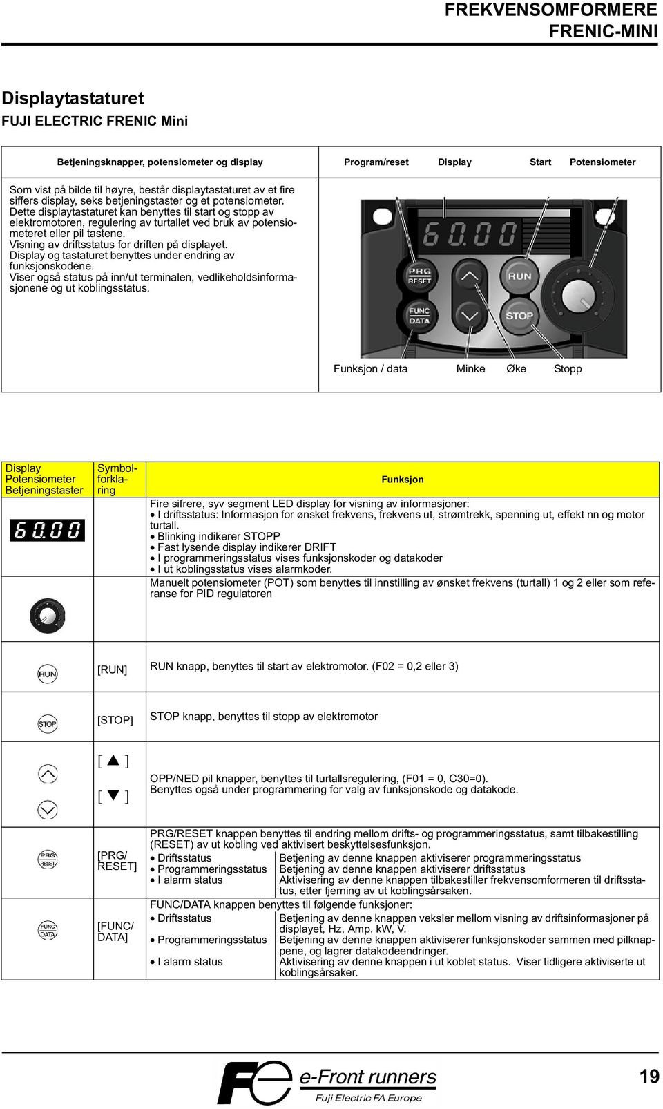 Dette displaytastaturet kan benyttes til start og stopp av elektromotoren, regulering av turtallet ved bruk av potensiometeret eller pil tastene. Visning av driftsstatus for driften på displayet.