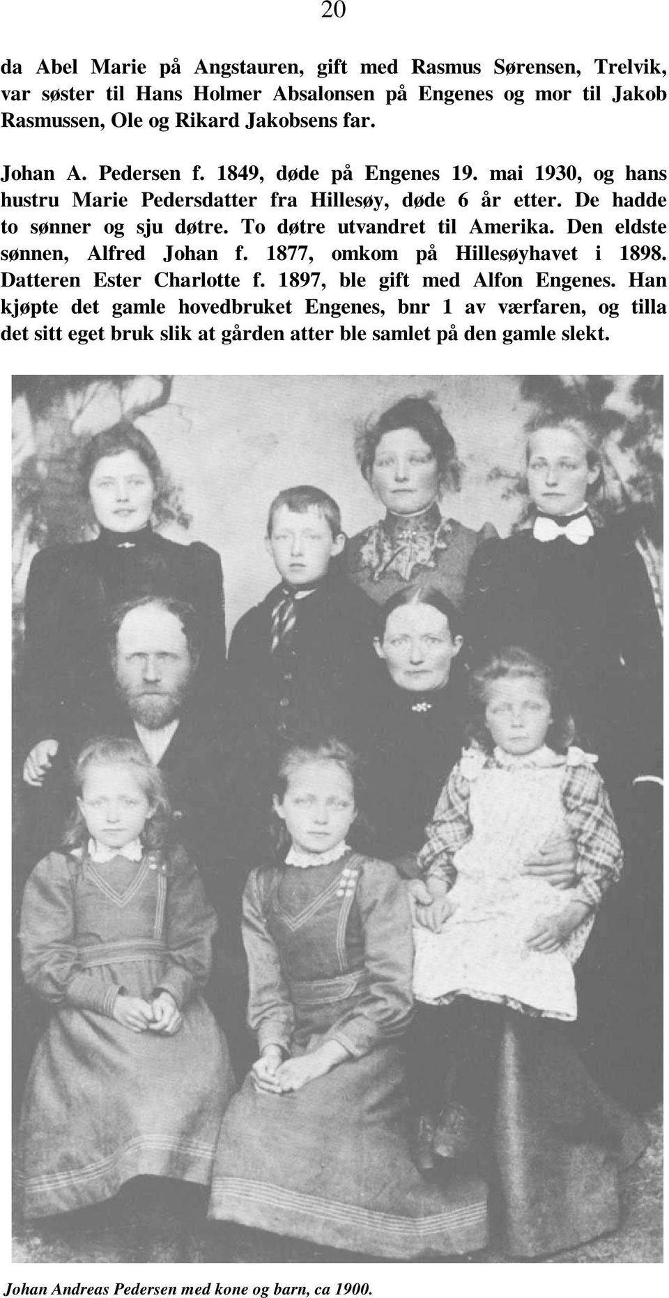 To døtre utvandret til Amerika. Den eldste sønnen, Alfred Johan f. 1877, omkom på Hillesøyhavet i 1898. Datteren Ester Charlotte f. 1897, ble gift med Alfon Engenes.