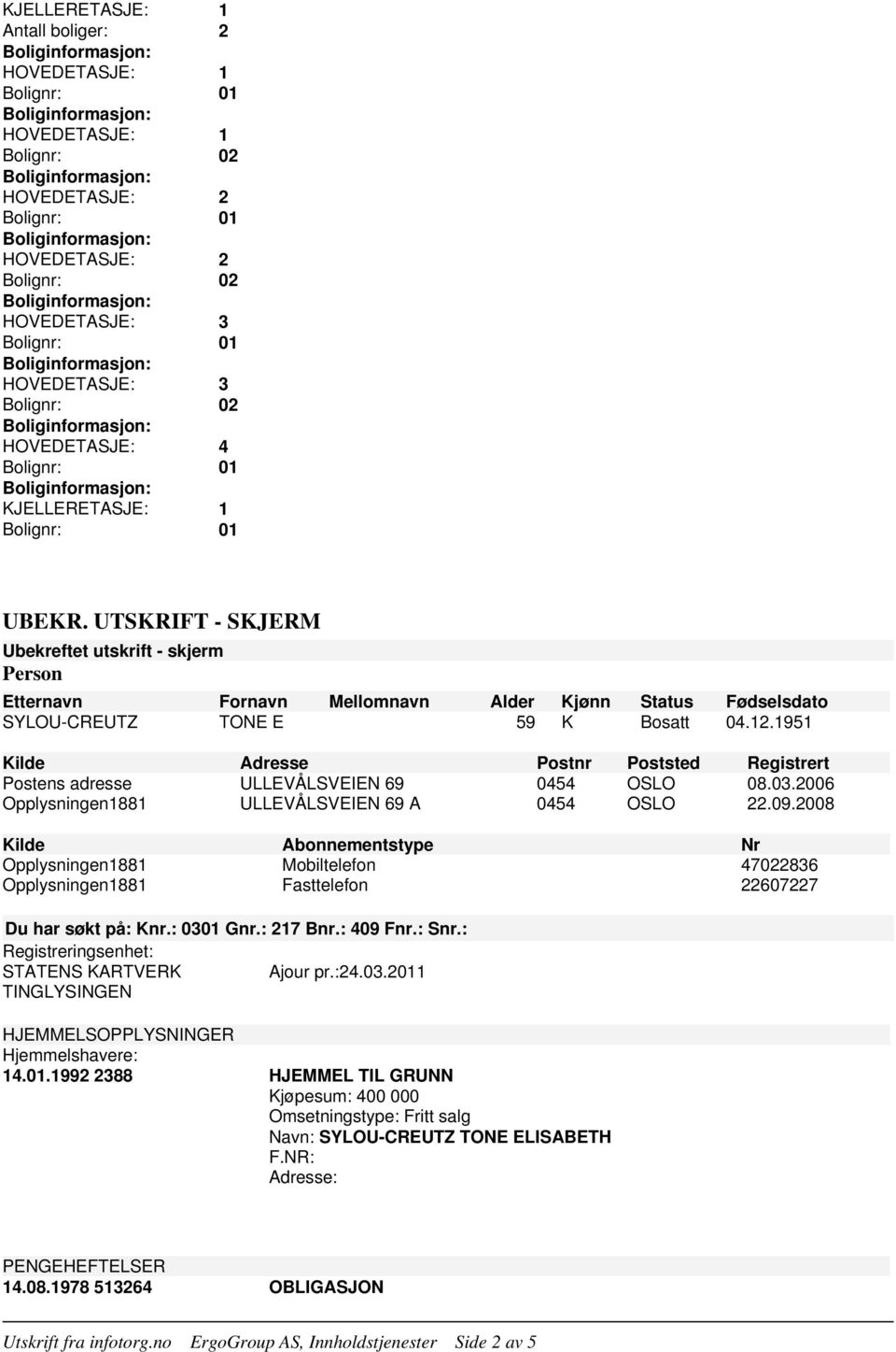 Bolignr: 01 UBEKR. UTSKRIFT - SKJERM Ubekreftet utskrift - skjerm Person Etternavn Fornavn Mellomnavn Alder Kjønn Status Fødselsdato SYLOU-CREUTZ TONE E 59 K Bosatt 04.12.