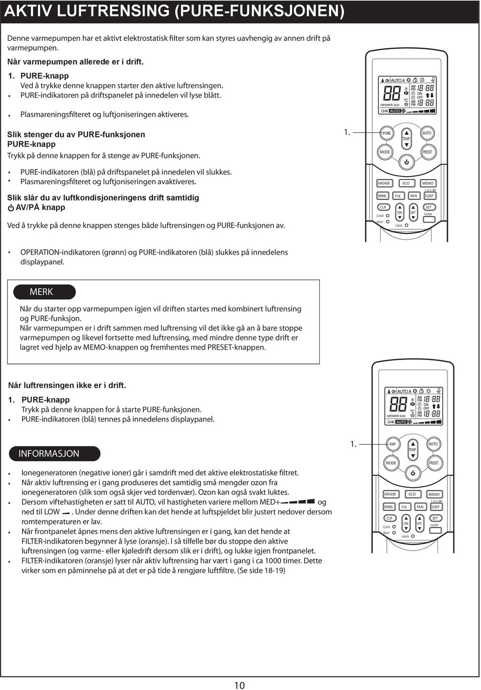 Slik stenger du av -funksjonen -knapp Trykk på denne knappen for å stenge av -funksjonen. PRE -indikatoren (blå) på driftspanelet på innedelen vil slukkes.