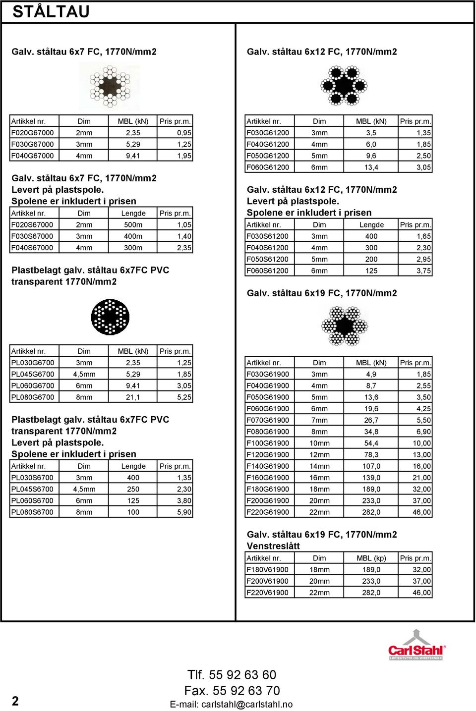 2 Artikkel nr. Dim MBL (kn) Pris pr.m. Artikkel nr. Dim MBL (kn) Pris pr.m. F020G67000 2mm 2,35 0,95 F030G61200 3mm 3,5 1,35 F030G67000 3mm 5,29 1,25 F040G61200 4mm 6,0 1,85 F040G67000 4mm 9,41 1,95 F050G61200 5mm 9,6 2,50 F060G61200 6mm 13,4 3,05 Galv.