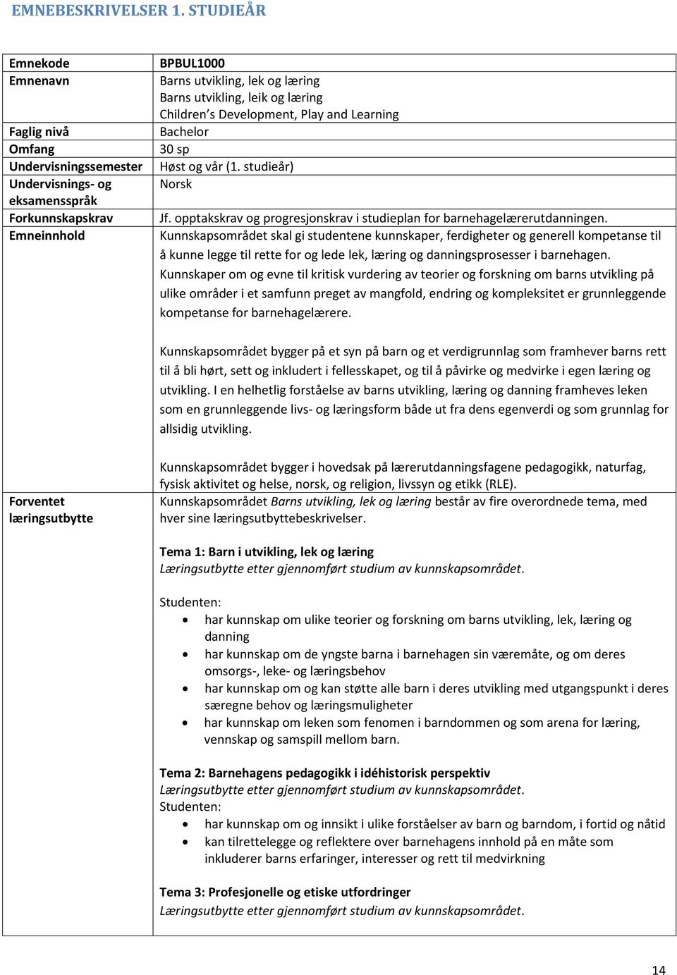 læring Children s Development, Play and Learning Bachelor 30 sp Høst og vår (1. studieår) Norsk Jf. opptakskrav og progresjonskrav i studieplan for barnehagelærerutdanningen.